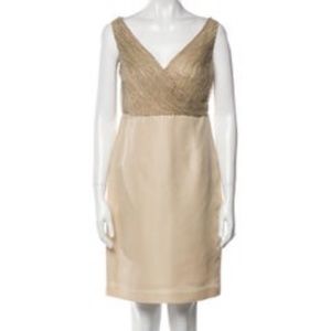 VALENTINO V-Neck Sleeveless Beaded Knee-Length Dress Size: S Minimalist Neutral